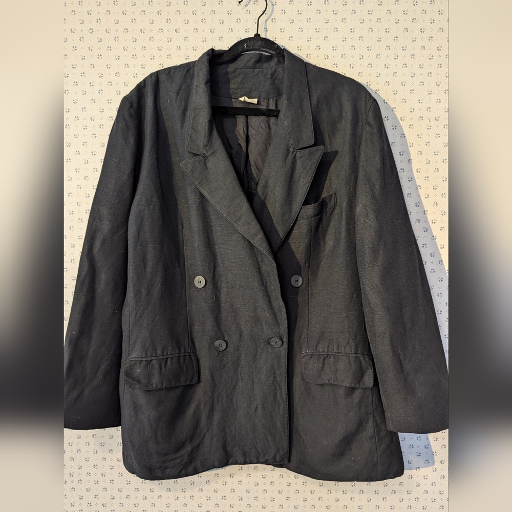 Linen Blazer Classic Black Vintage Double-Breasted 16 Womens Work Office Jacket